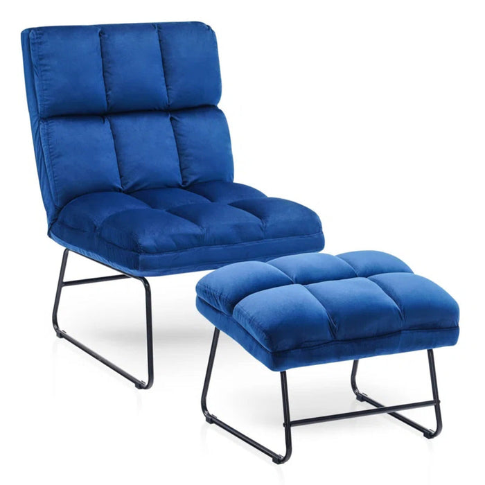 Square Tufted Blue Velvet Chair With Footrest