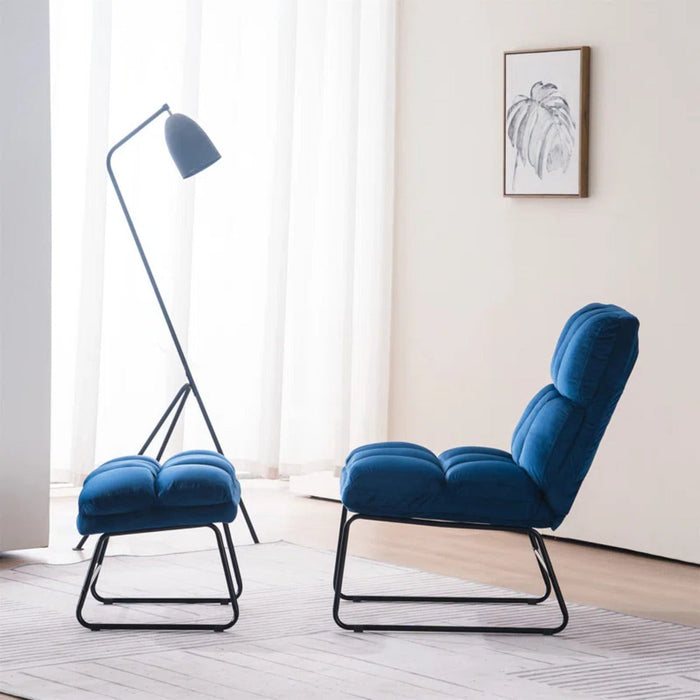 Square Tufted Blue Velvet Chair With Footrest