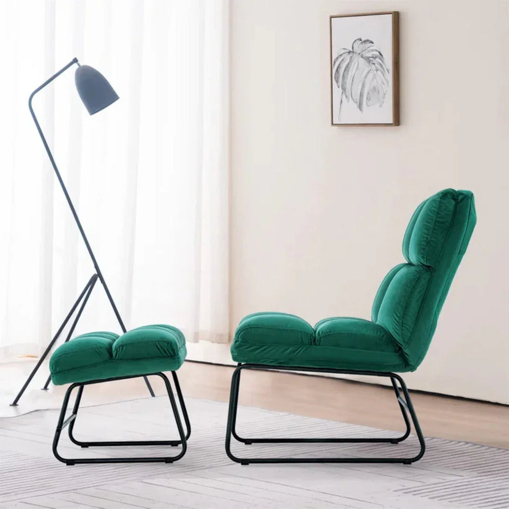 Square Tufted Rich Green Velvet Chair With Footrest - All India Decor