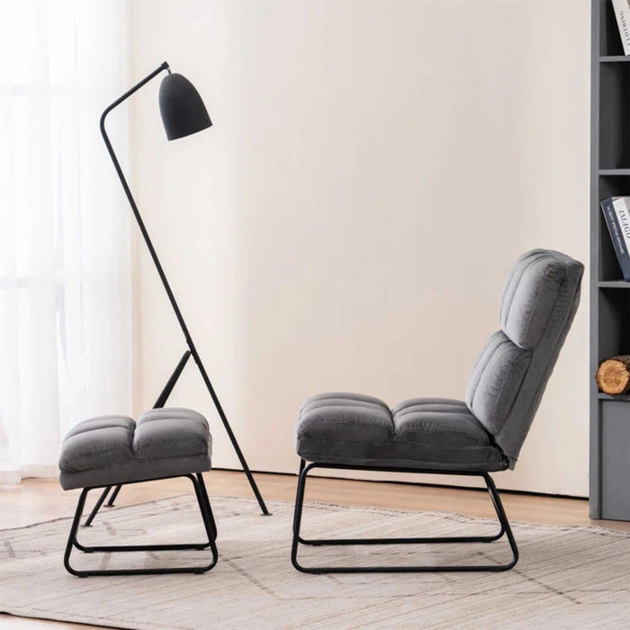 Square Tufted Grey Velvet Chair With Footrest