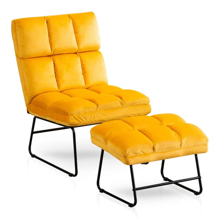 Square Tufted Yellow Velvet Chair With Footrest