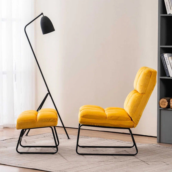 Square Tufted Yellow Velvet Chair With Footrest