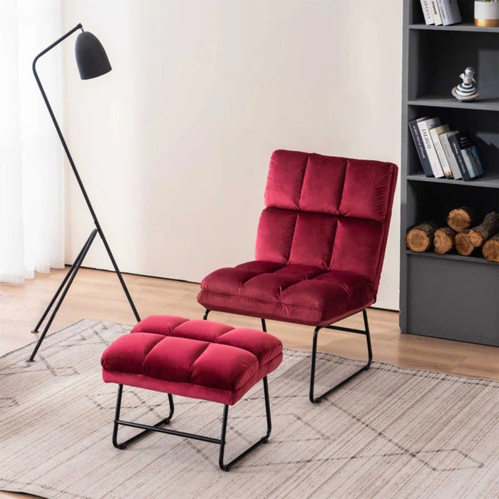 Square Tufted Rich Red Velvet Chair With Footrest