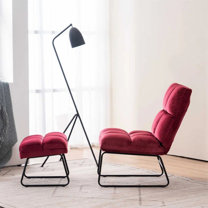 Square Tufted Rich Red Velvet Chair With Footrest