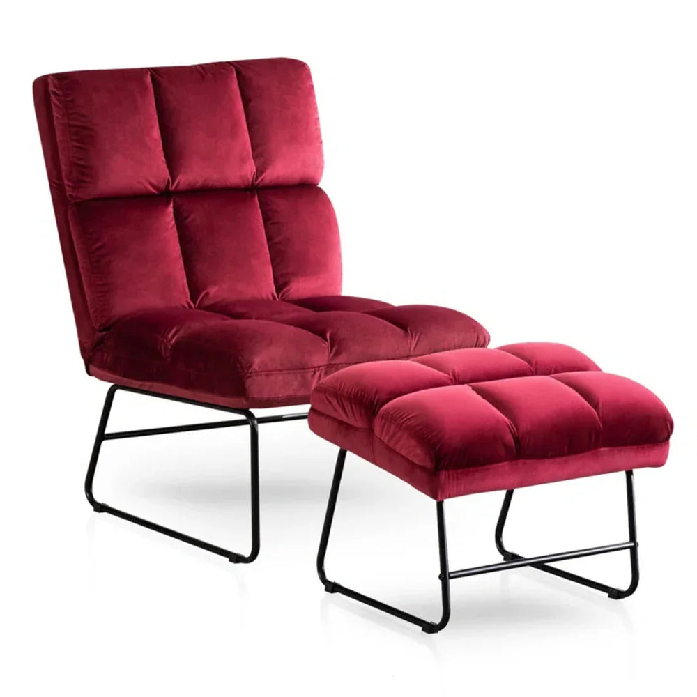 Square Tufted Rich Red Velvet Chair With Footrest - All India Decor