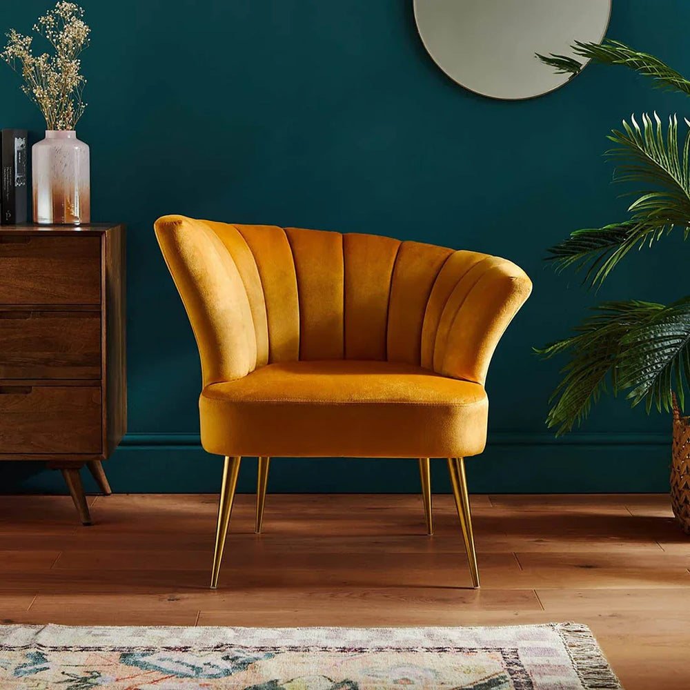 Opening Shell Designer Yellow Velvet Lounge Chair - All India Decor