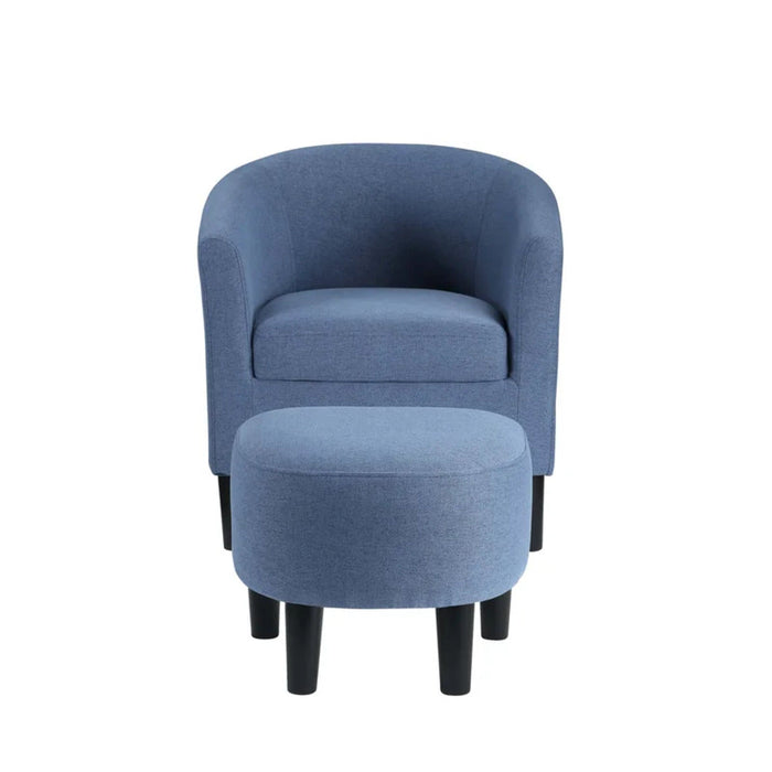 Bluish Grey Comfy Round Back Velvet Chair With Ottoman