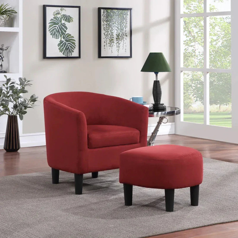 Brick Red Comfy Round Back Velvet Chair With Ottoman - All India Decor