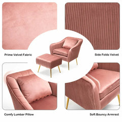 Peach Fluffy Super Comfy Velvet Lounge Chair With Ottoman - All India Decor