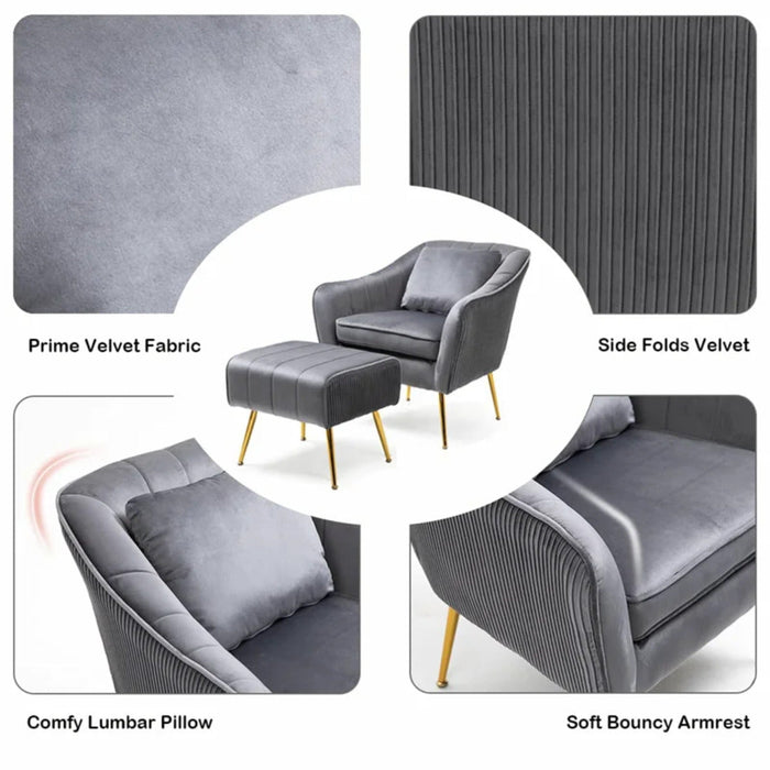 Grey Fluffy Super Comfy Velvet Lounge Chair With Ottoman