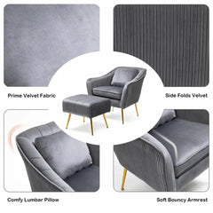 Grey Fluffy Super Comfy Velvet Lounge Chair With Ottoman - All India Decor