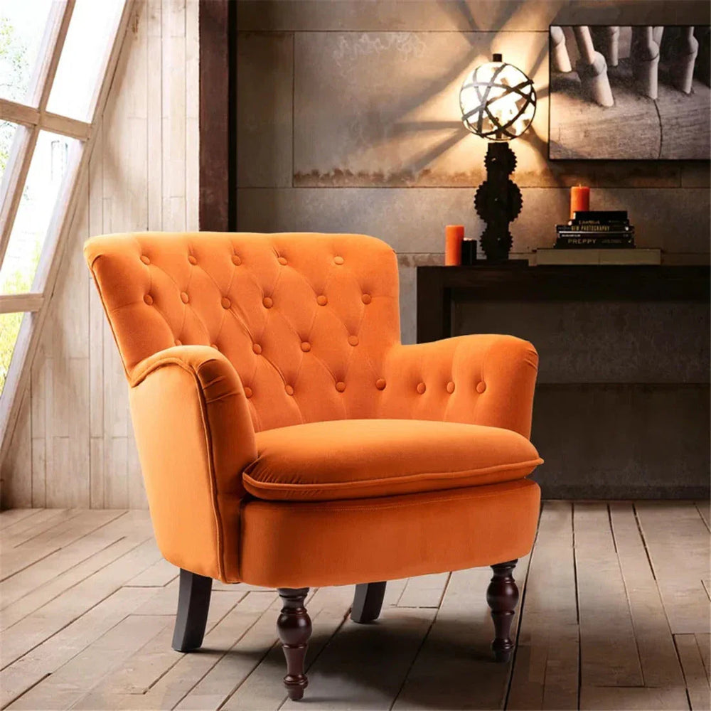 Detailed Tufted Super Comfy Orange Velvet Lounge Chair - All India Decor