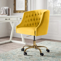 Comfort Back Tufted Yellow PU Foam Armchair With Golden Base - All India Decor