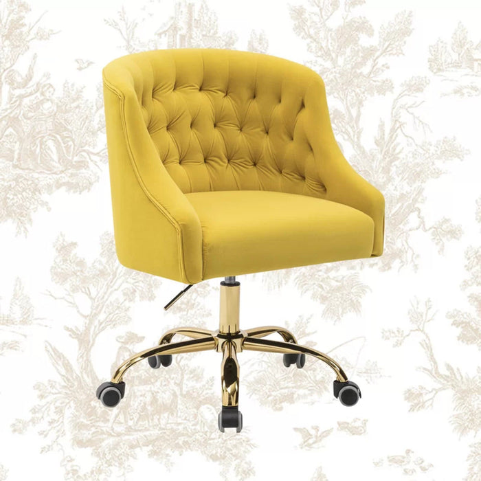 Comfort Back Tufted Yellow PU Foam Armchair With Golden Base