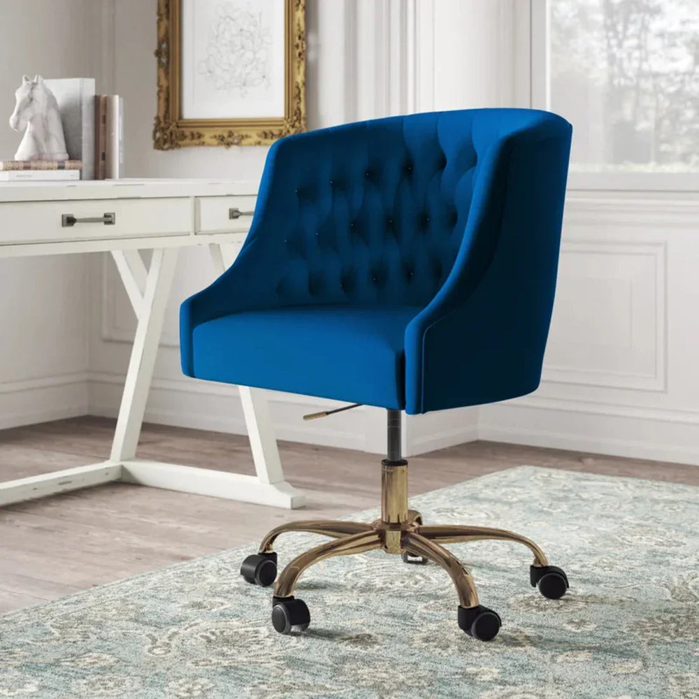 Comfort Back Tufted Blue PU Foam Armchair With Golden Base - All India Decor
