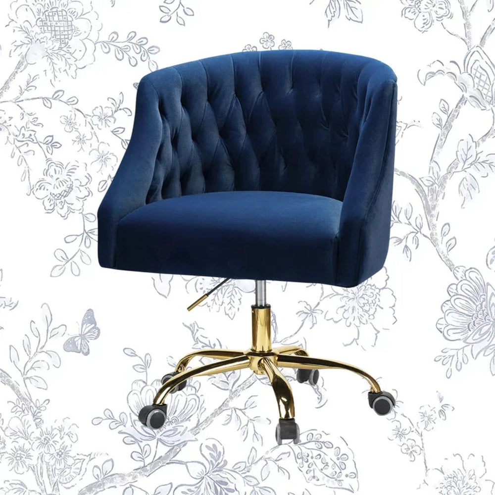 Comfort Back Tufted Blue PU Foam Armchair With Golden Base - All India Decor
