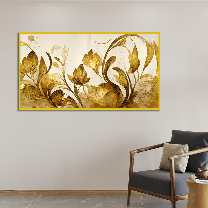 DECORSMANTRA Elegant Flowers Golden Leaf Floating Frame Canvas Wall Painting