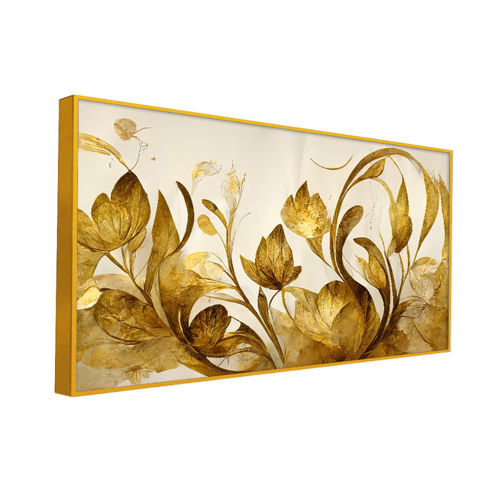 DECORSMANTRA Elegant Flowers Golden Leaf Floating Frame Canvas Wall Painting