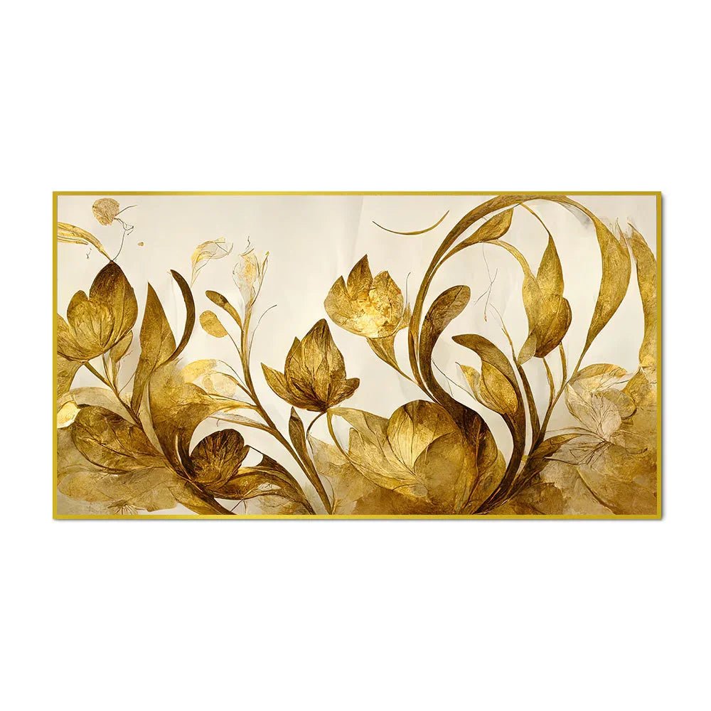 DECORSMANTRA Elegant Flowers Golden Leaf Floating Frame Canvas Wall Painting - All India Decor