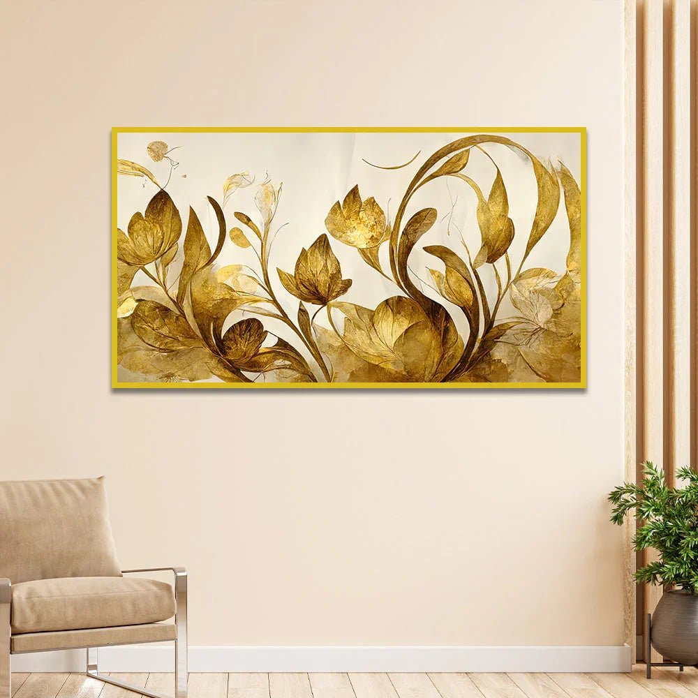 DECORSMANTRA Elegant Flowers Golden Leaf Floating Frame Canvas Wall Painting - All India Decor