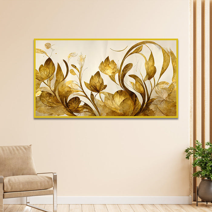 DECORSMANTRA Elegant Flowers Golden Leaf Floating Frame Canvas Wall Painting