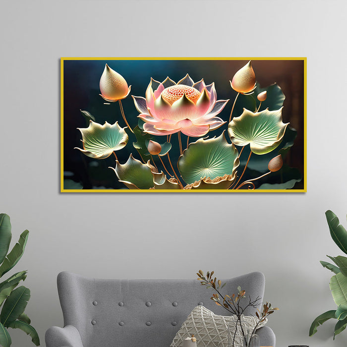 Pink Lotus with Green Leaf Flower vastu Canvas Wall Painting