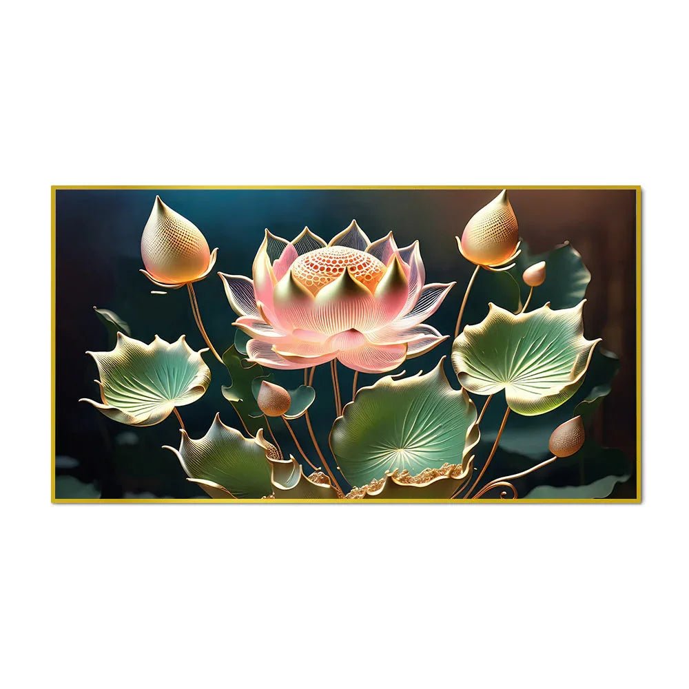 Pink Lotus with Green Leaf Flower vastu Canvas Wall Painting - All India Decor