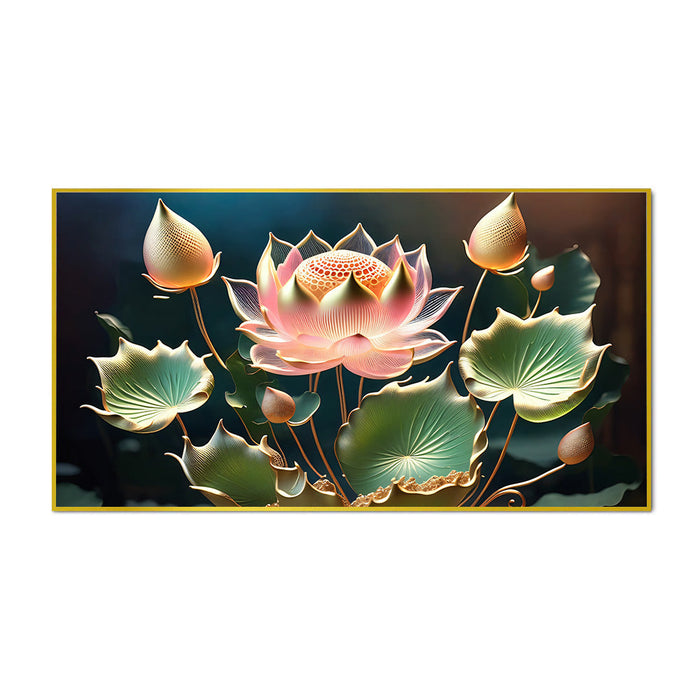 Pink Lotus with Green Leaf Flower vastu Canvas Wall Painting