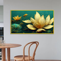 Elegant Golden Lotus Flower Green Leaf Vastu Painting for Home Décor - All India Decor