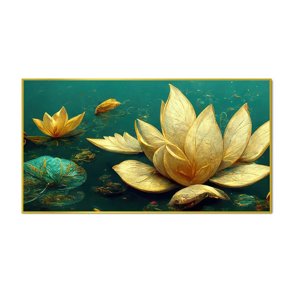 Elegant Golden Lotus Flower Green Leaf Vastu Painting for Home Décor - All India Decor