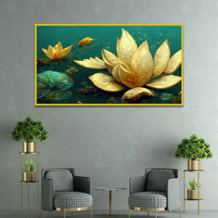 Elegant Golden Lotus Flower Green Leaf Vastu Painting for Home Décor - All India Decor