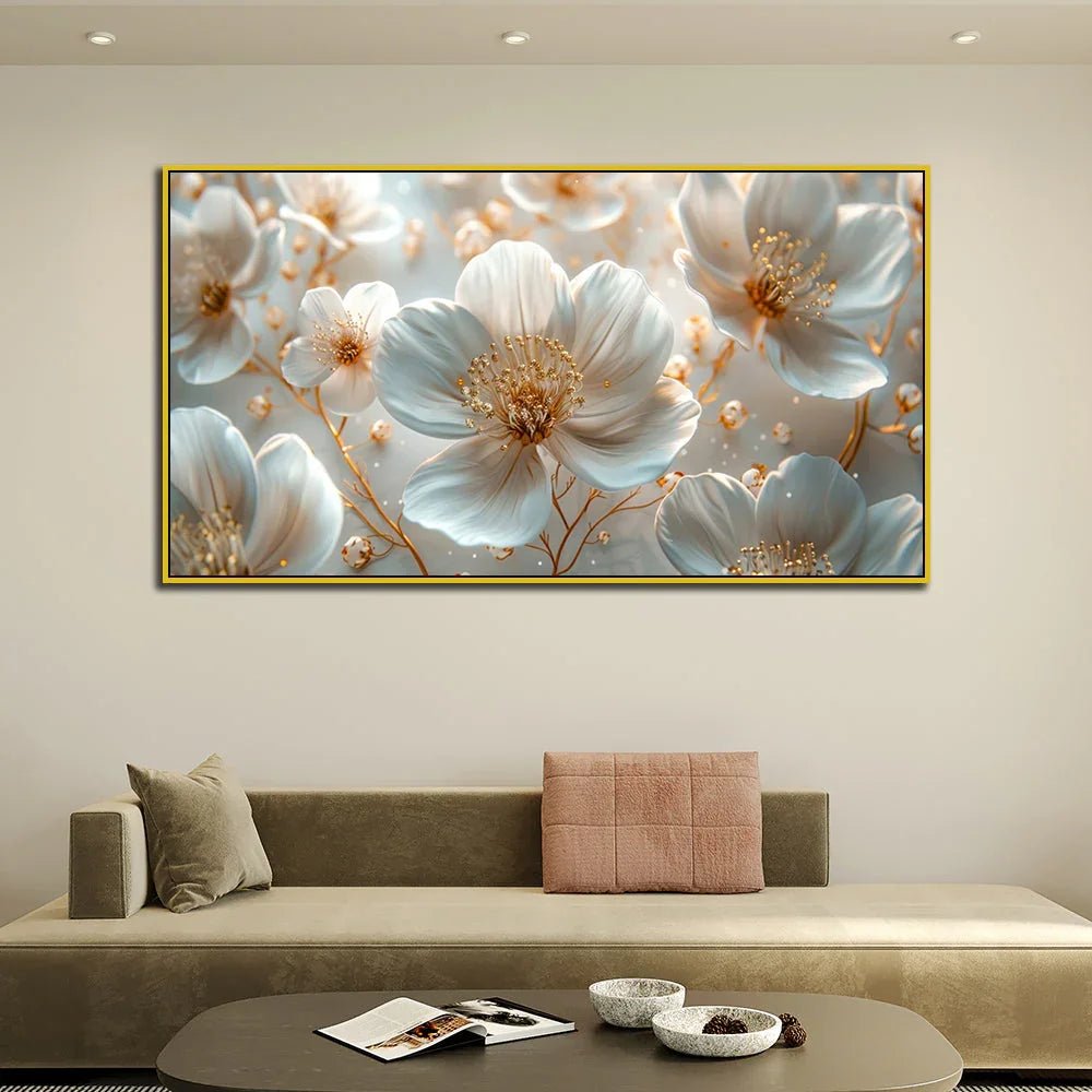 Golden Petals White Flower Canvas Wall Painting - All India Decor