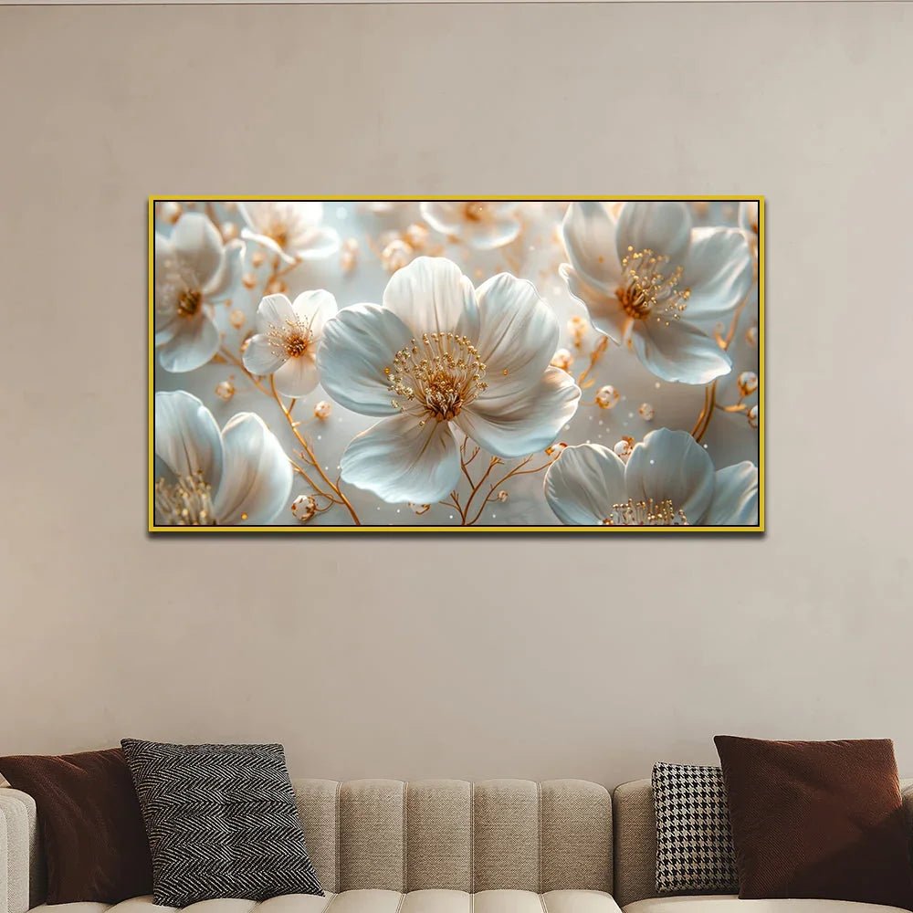 Golden Petals White Flower Canvas Wall Painting - All India Decor