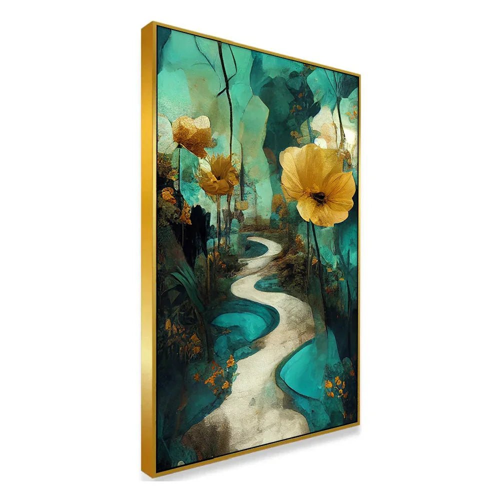 Nature Inspired Abstract Golden Floral Ready to Hang Floating Framed Canvas Wall Painting - All India Decor