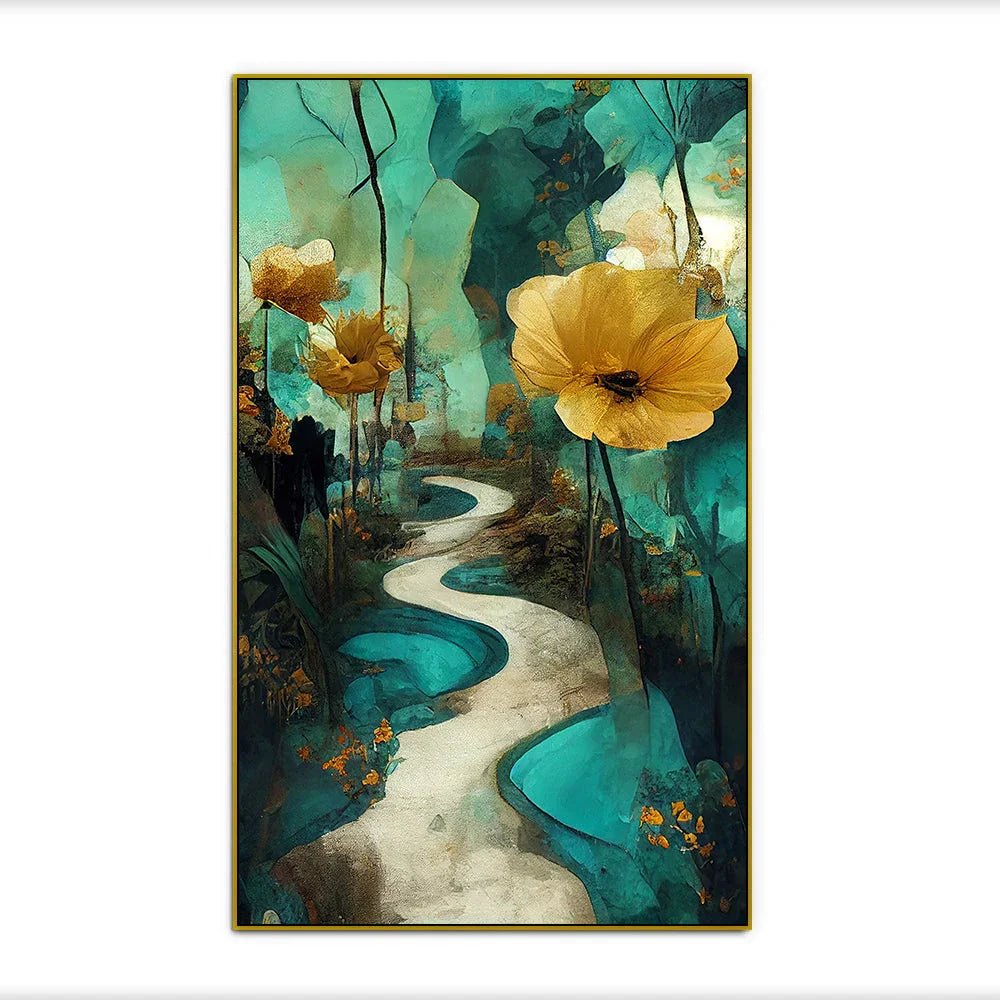 Nature Inspired Abstract Golden Floral Ready to Hang Floating Framed Canvas Wall Painting - All India Decor