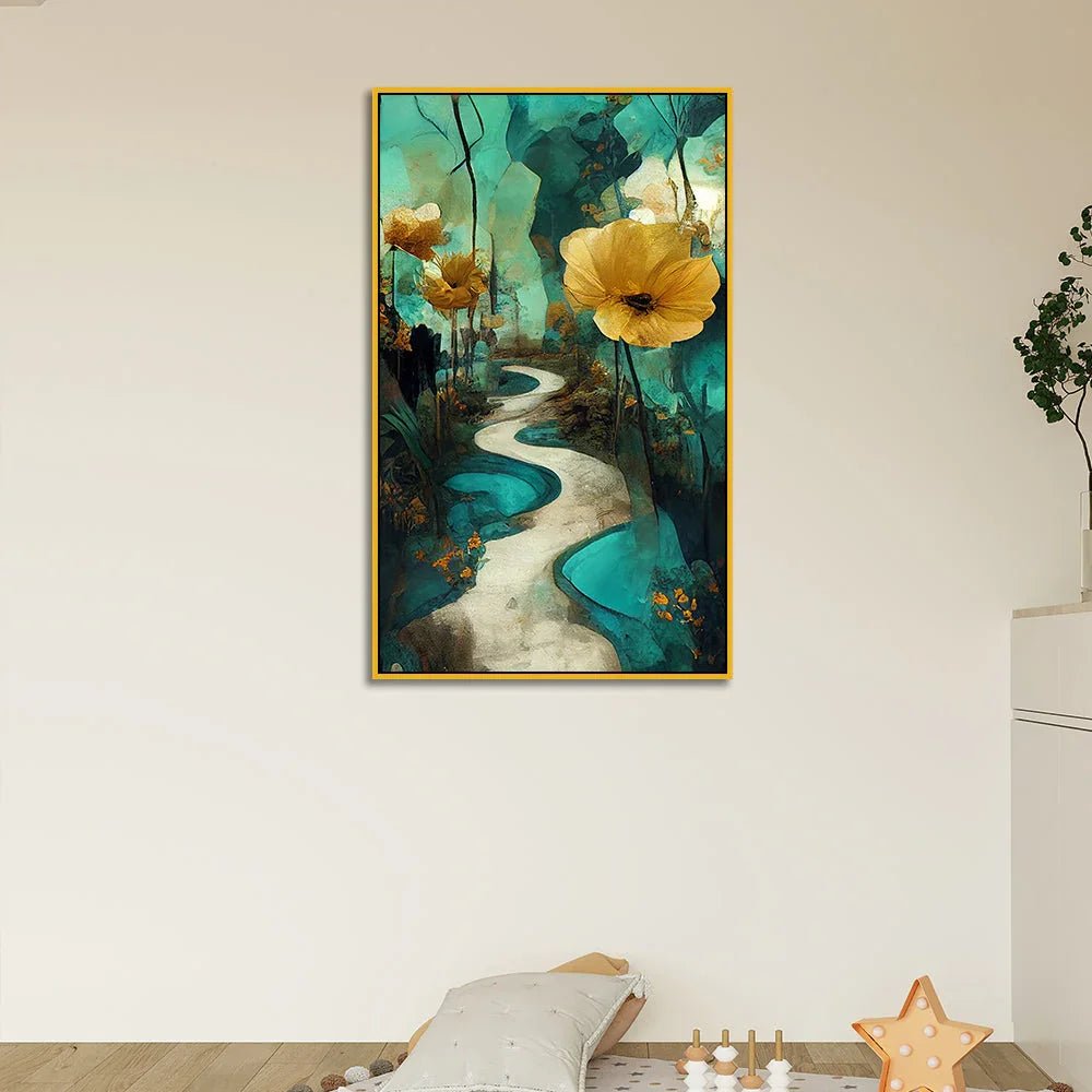 Nature Inspired Abstract Golden Floral Ready to Hang Floating Framed Canvas Wall Painting - All India Decor