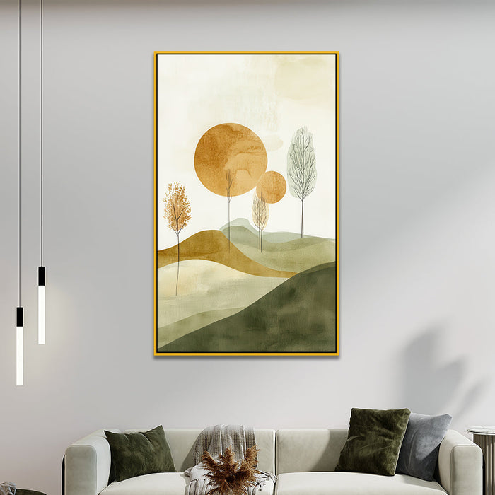 Abstract Nature Scene with Golden Circles Canvas Wall Painting