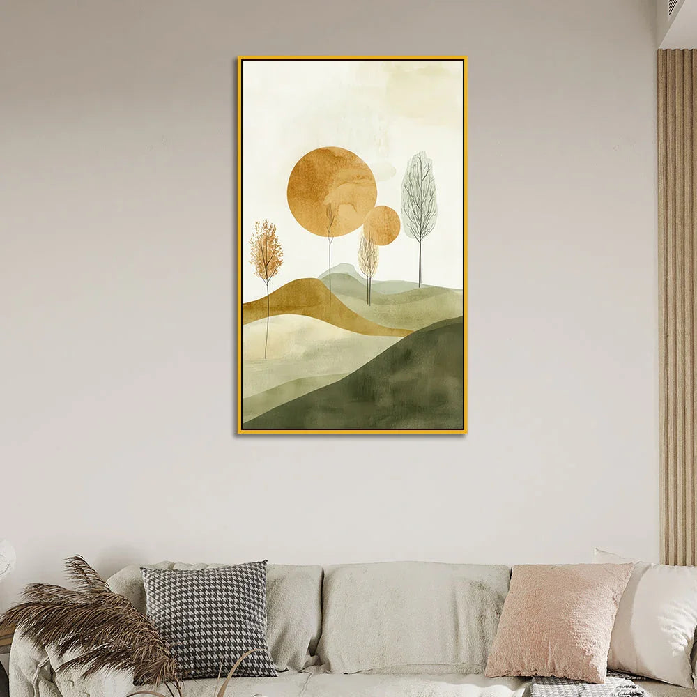 Abstract Nature Scene with Golden Circles Canvas Wall Painting - All India Decor