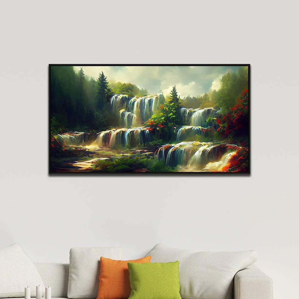 Waterfall and Mountains Stream Flow Canvas Beautiful Landscape Wall Painting - All India Decor