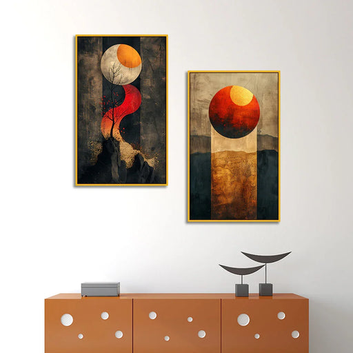 Golden Red Abstract Theme Canvas Wall Painting Two Pieces - All India Decor
