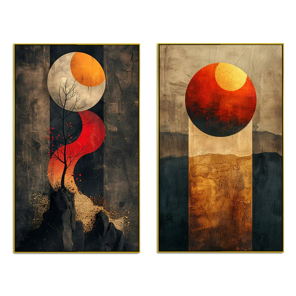 Golden Red Abstract Theme Canvas Wall Painting Two Pieces - All India Decor