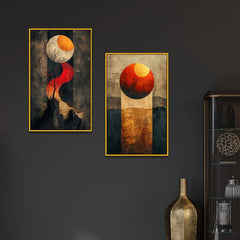Golden Red Abstract Theme Canvas Wall Painting Two Pieces - All India Decor