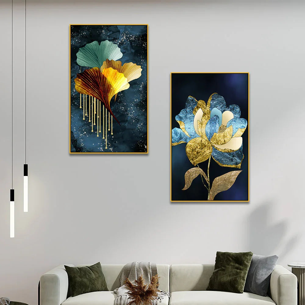 3d Golden Blue Tree Leaves Floral Canvas Wall Painting Two Pieces - All India Decor