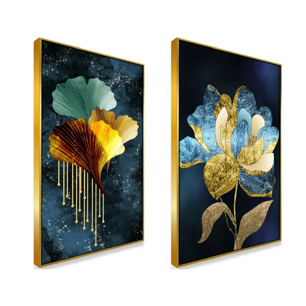 3d Golden Blue Tree Leaves Floral Canvas Wall Painting Two Pieces - All India Decor