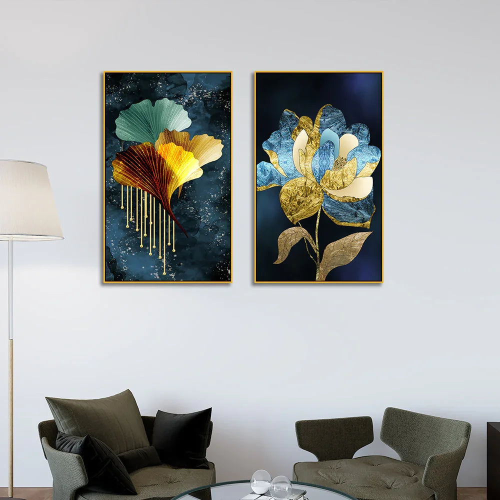 3d Golden Blue Tree Leaves Floral Canvas Wall Painting Two Pieces - All India Decor