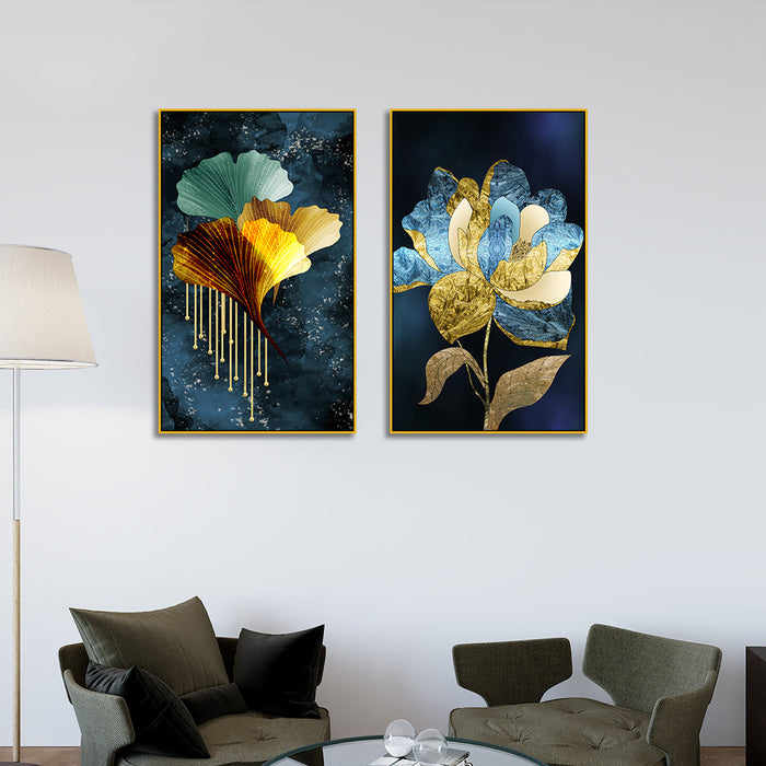 3d Golden Blue Tree Leaves Floral Canvas Wall Painting Two Pieces