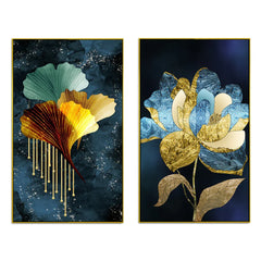 3d Golden Blue Tree Leaves Floral Canvas Wall Painting Two Pieces - All India Decor
