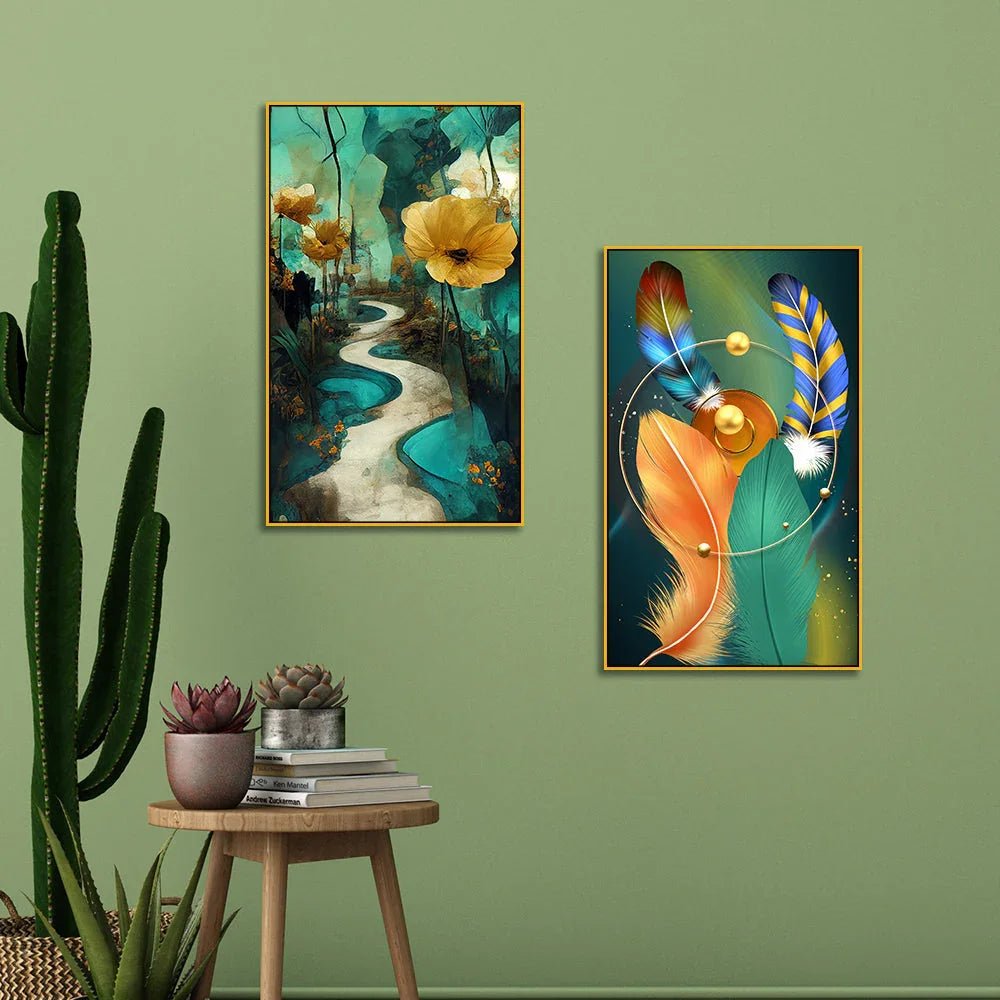 Contemporary Golden Floral Canvas Wall Painting Two Pieces - All India Decor