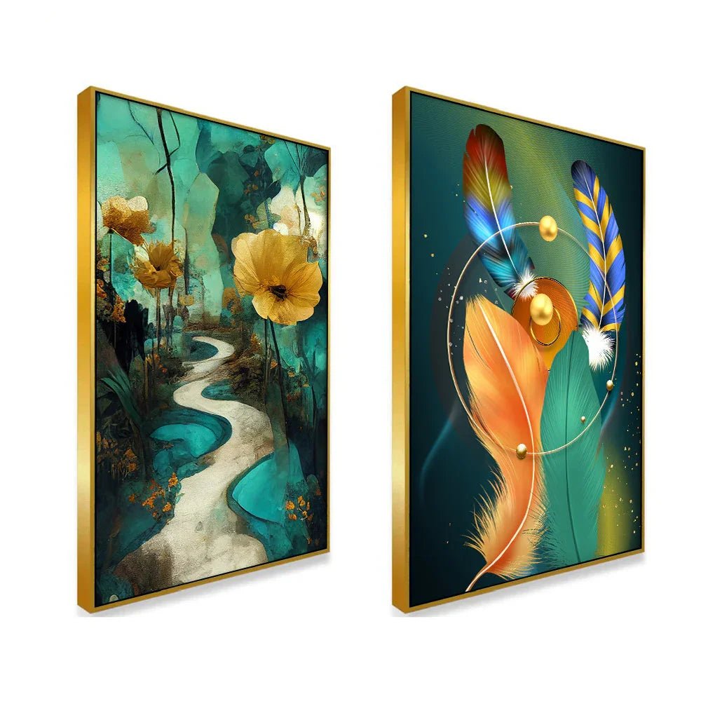 Contemporary Golden Floral Canvas Wall Painting Two Pieces - All India Decor