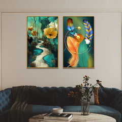 Contemporary Golden Floral Canvas Wall Painting Two Pieces - All India Decor